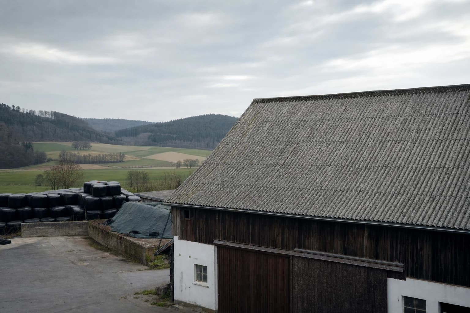 Asbest-Gutachter bei der Begehung eines Eternit-Daches auf einem Hof im Kreis Lippe bei Detmold